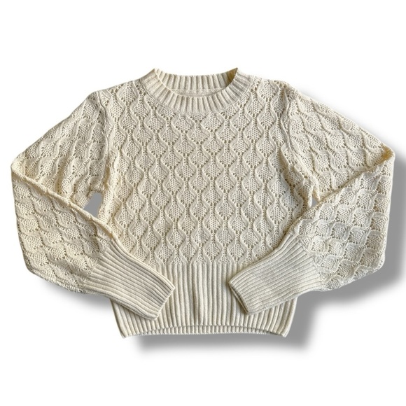 Cream Lace Pattern Knit Crew Neck Sweater - Picture 1 of 13